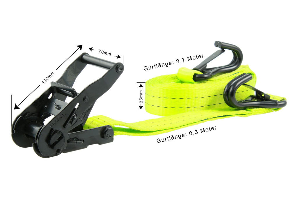 2er-Set, 4 m Zurrgurte, 35mm, LC 1000 daN, STF 220 daN, zweiteilig, Neon-grün, mit J-Haken mit Snap